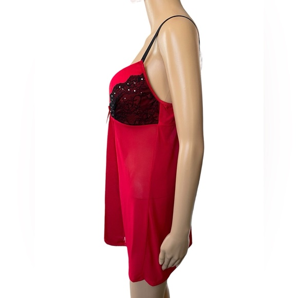 Passion Forever Red Black Mesh Floral Lace Rhinestone Padded Lingerie Slip Dress - Picture 3 of 7